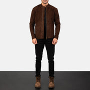 Men's Charcoal Mocha Suede Blusão Biker de Couro para Homem - Lateral Side Profile View Showing Sleeve Cut &amp; Athletic Taper Fit