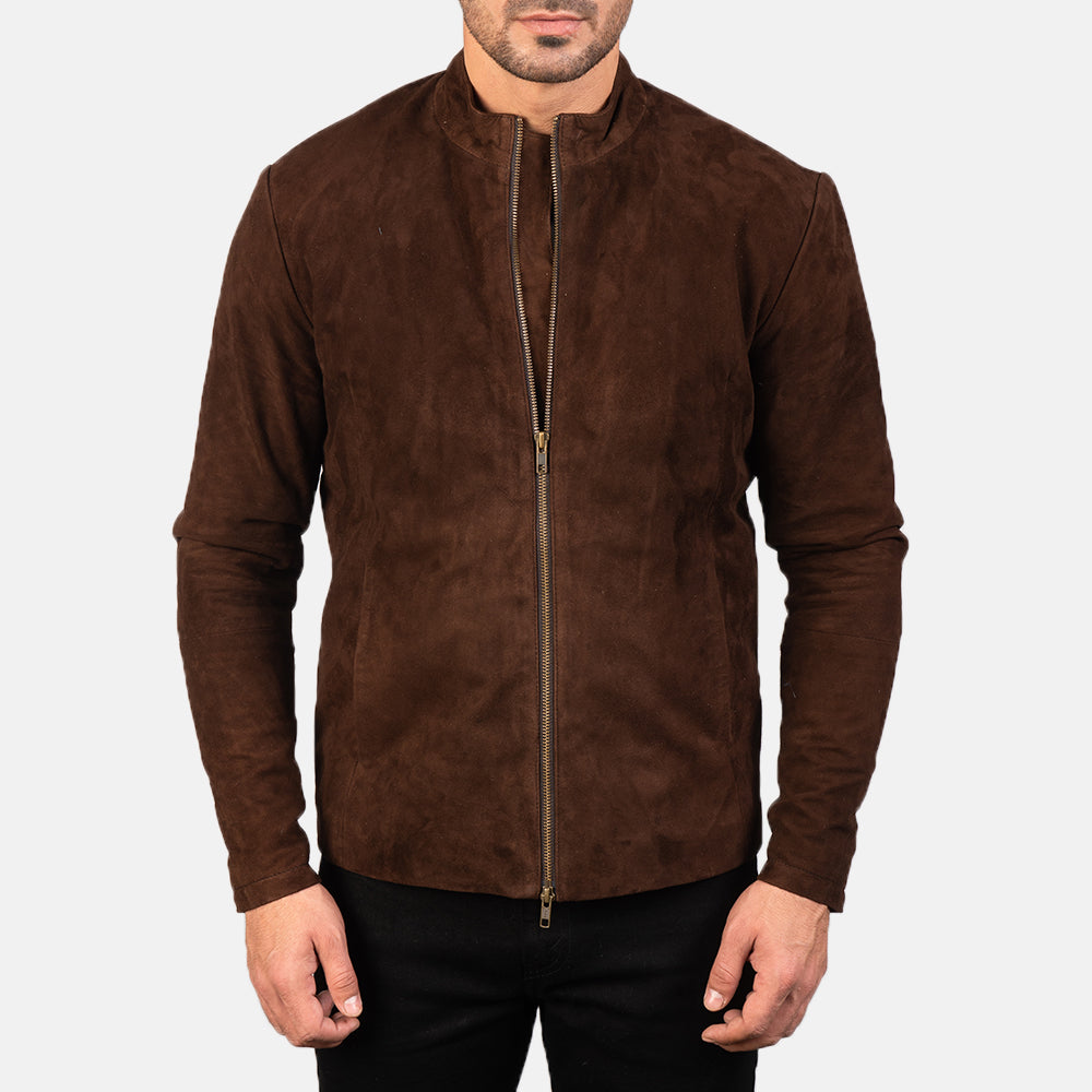 Close-Up Detail of Mandarin &amp; Zipper with Dual Puller Hardware on Men's Charcoal Mocha Suede Blusão Biker de Couro para Homem
