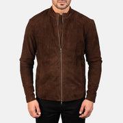 Close-Up Detail of Mandarin &amp; Zipper with Dual Puller Hardware on Men's Charcoal Mocha Suede Blusão Biker de Couro para Homem