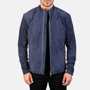 Men's Charcoal Navy Azul Suede Blusão Biker de Couro para Homem in Navy Blue Goatskin Suede - Front Profile View &amp; Tailored Silhouette | Buy Online