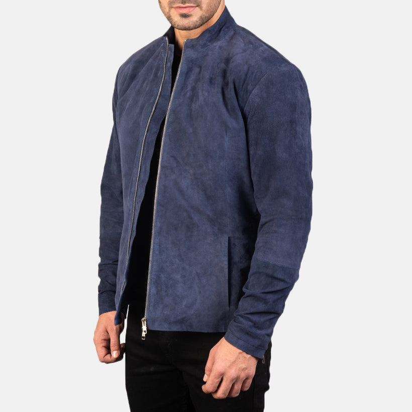 Charcoal Navy Azul Suede Blusão Biker de Couro para Homem