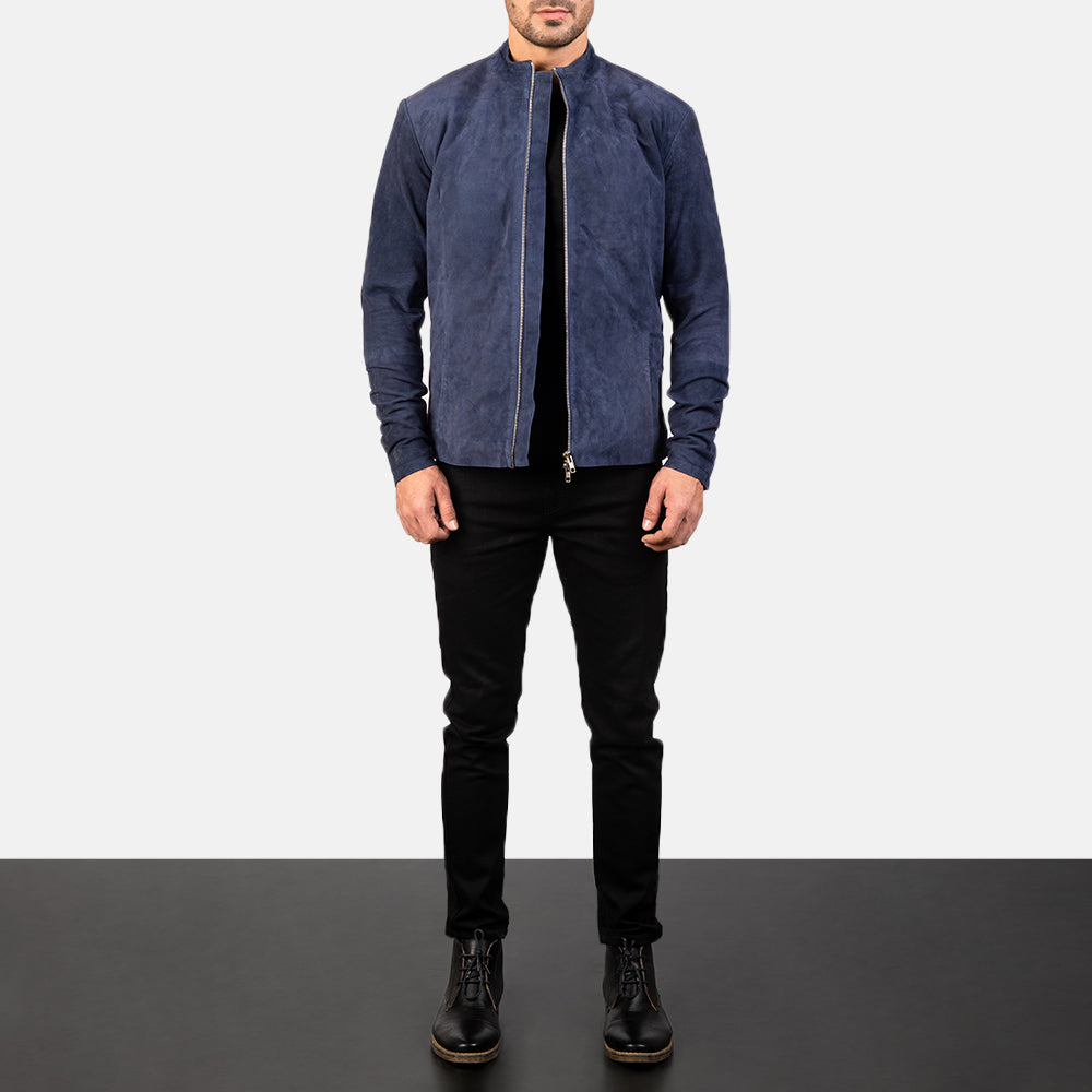 Men's Charcoal Navy Azul Suede Blusão Biker de Couro para Homem - Lateral Side Profile View Showing Sleeve Cut &amp; Athletic Taper Fit