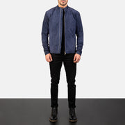 Men's Charcoal Navy Azul Suede Blusão Biker de Couro para Homem - Lateral Side Profile View Showing Sleeve Cut &amp; Athletic Taper Fit