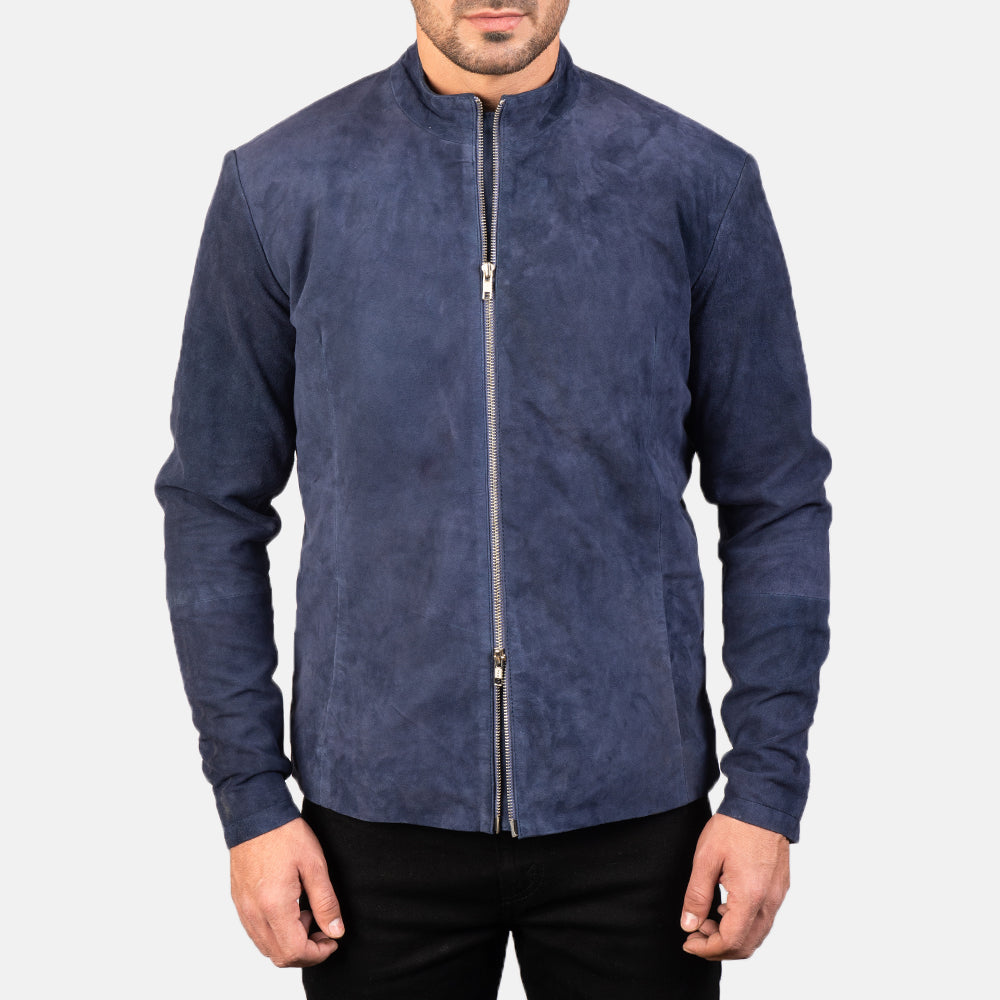 Close-Up Detail of Mandarin &amp; Zipper with Dual Puller Hardware on Men's Charcoal Navy Azul Suede Blusão Biker de Couro para Homem