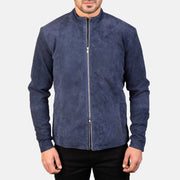 Close-Up Detail of Mandarin &amp; Zipper with Dual Puller Hardware on Men's Charcoal Navy Azul Suede Blusão Biker de Couro para Homem