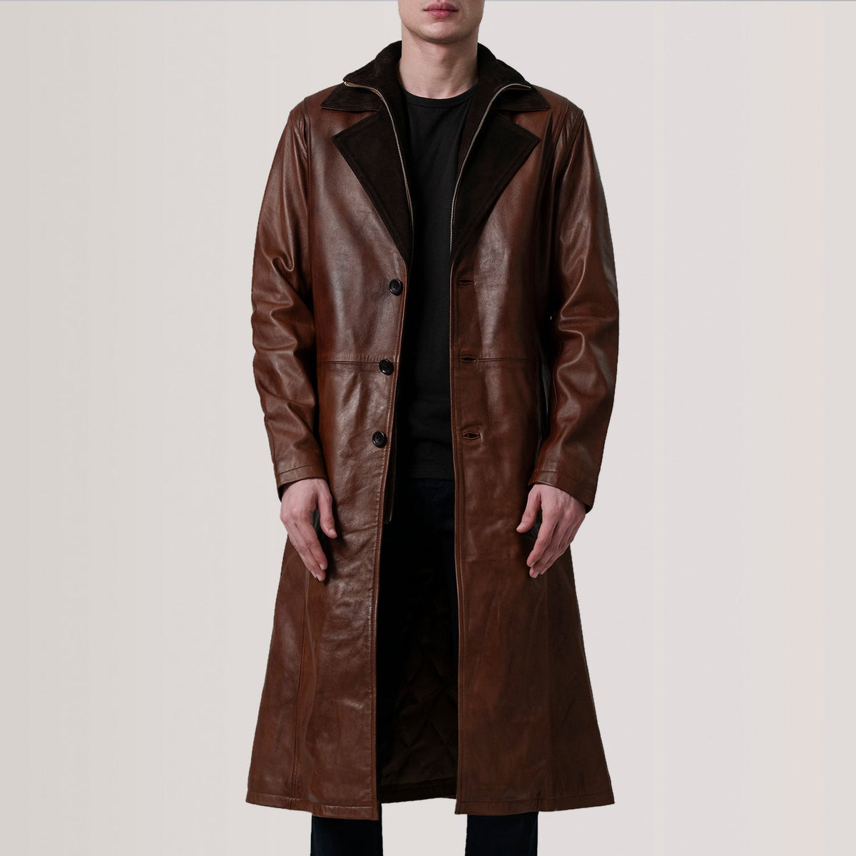 
Charlton Waxed Castanho Leather Single Breasted Casaco em Couro para Homem For Men in Distressed Brown Sheepskin Burnished - Vista frontal e silhueta ajustada | Comprar online