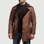 Men's Cinnamon Distressed Leather Fur Casaco de Couro para Homem in Distressed Brown Sheepskin Burnishing - Front Profile View &amp; Tailored Silhouette | Buy Online
