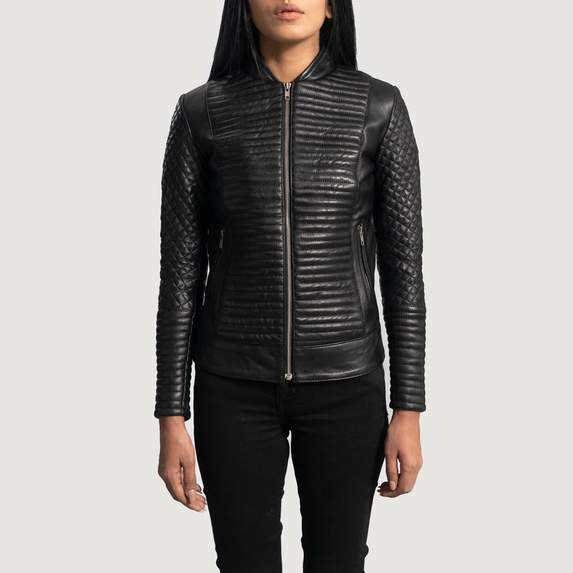 Cityscape Preto Blusão Biker de Couro para Mulher