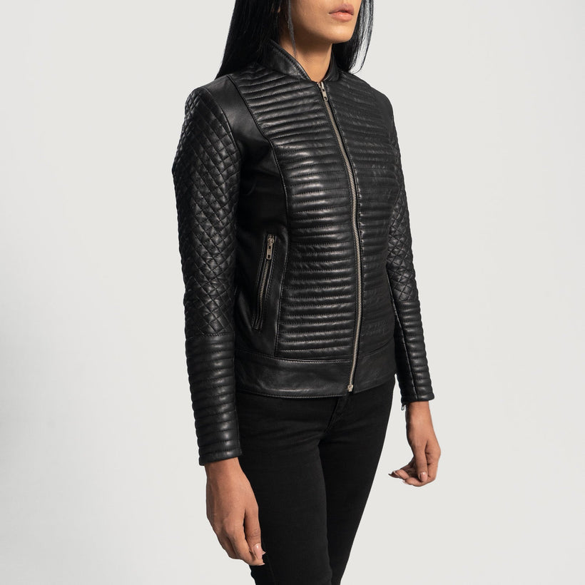 Cityscape Preto Blusão Biker de Couro para Mulher