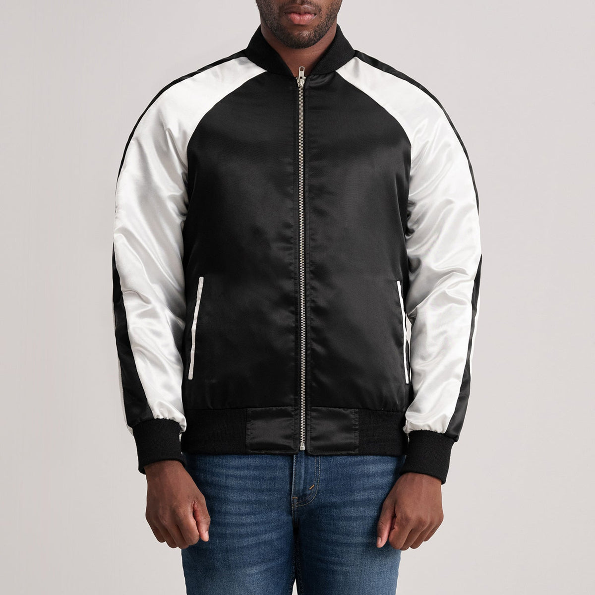 Clarke Preto Varsity Blusão de Couro para Homem in Black &amp; White Satin - Front Profile View &amp; Tailored Silhouette | Buy Online