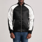Clarke Preto Varsity Blusão de Couro para Homem in Black &amp; White Satin - Front Profile View &amp; Tailored Silhouette | Buy Online