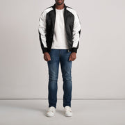 Close-Up Detail of Varsity &amp; Zipper Hardware on Clarke Preto Varsity Blusão de Couro para Homem