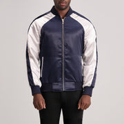 Clarke Azul Varsity Blusão de Couro para Homem in Blue &amp; White Satin - Front Profile View &amp; Tailored Silhouette | Buy Online