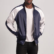 Clarke Azul Varsity Blusão de Couro para Homem - Lateral Side Profile View Showing Sleeve Cut &amp; Athletic Taper Fit