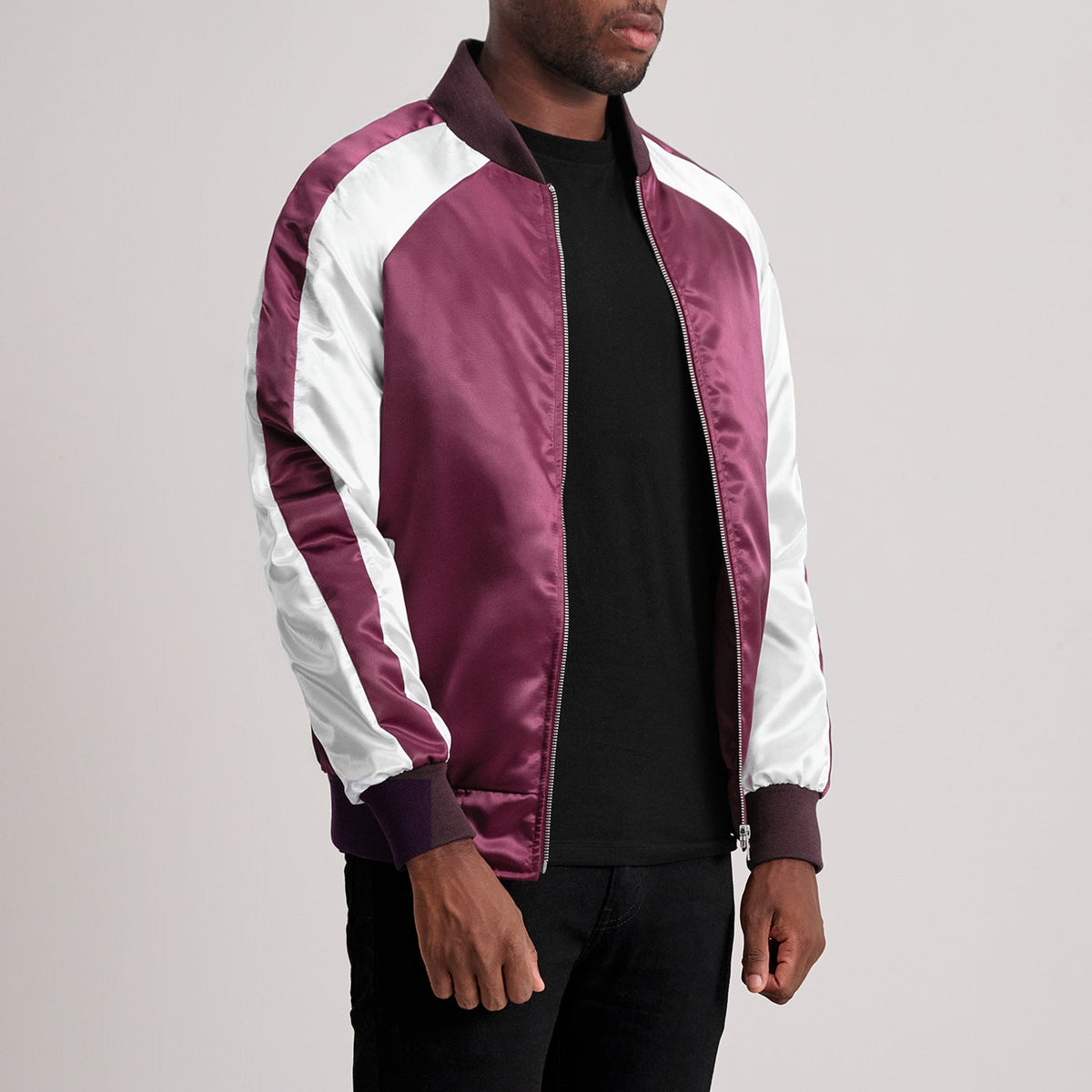 
Maroon & White Satin Aviator Jacket - Vista traseira com ombros definidos e bainha impecável