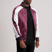 
Maroon & White Satin Aviator Jacket - Vista traseira com ombros definidos e bainha impecável