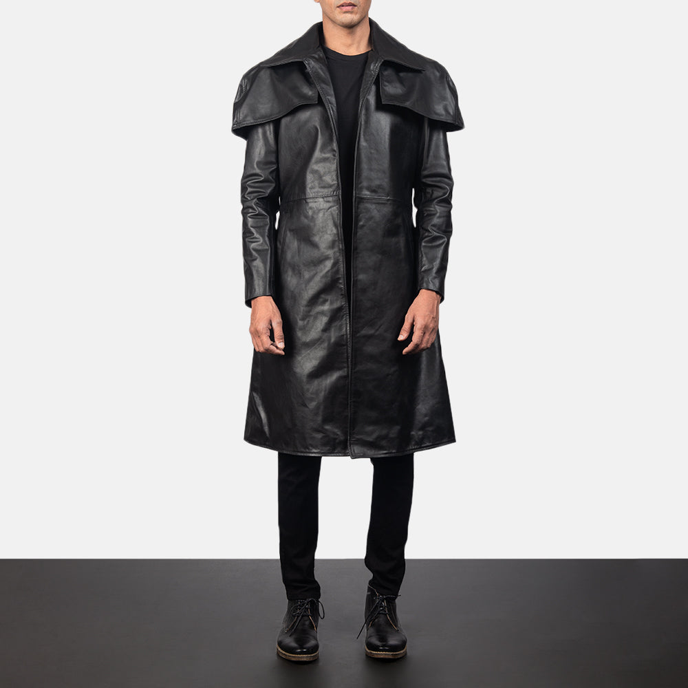 Men's Classic Preto Leather Duster para Homem in Black Cowhide Leather - Front Profile View &amp; Tailored Silhouette | Buy Online