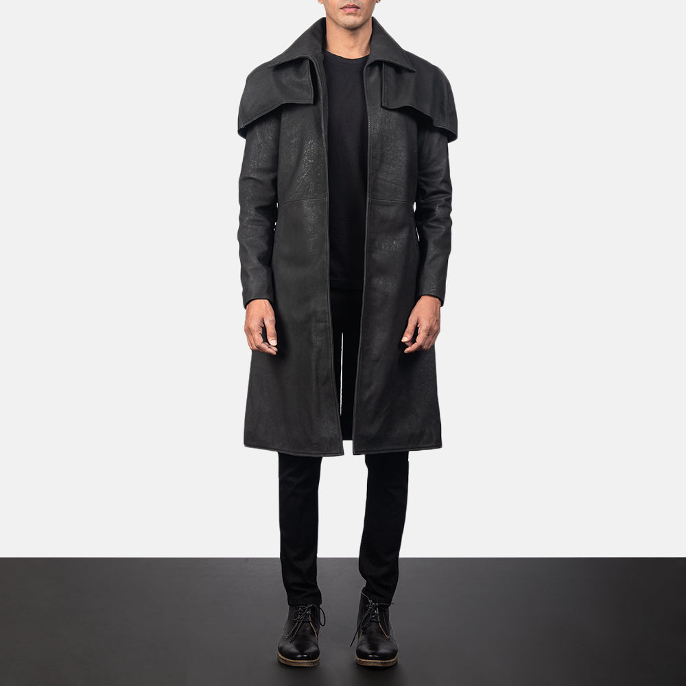 Men's Classic Distressed Preto Leather Duster para Homem in Distressed Black Sheepskin Snuffed - Front Profile View &amp; Tailored Silhouette | Buy Online