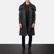 Men's Classic Distressed Preto Leather Duster para Homem in Distressed Black Sheepskin Snuffed - Front Profile View &amp; Tailored Silhouette | Buy Online