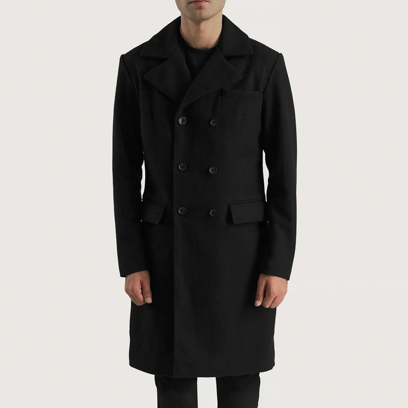 Claud Preto Wool Double-Breasted Casaco em Couropara Homem