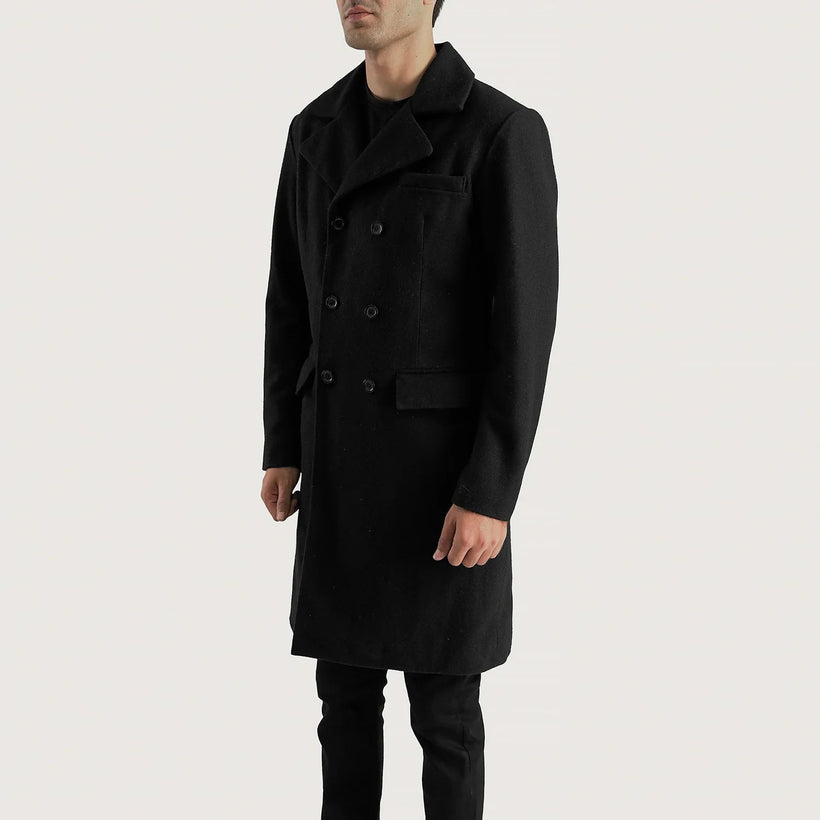 Claud Preto Wool Double-Breasted Casaco em Couropara Homem