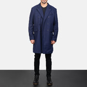 Men's Blue Wool Double Breasted Coat in Navy Blue Synthetic Wool - Front Profile View &amp; Tailored Silhouette | Buy Online