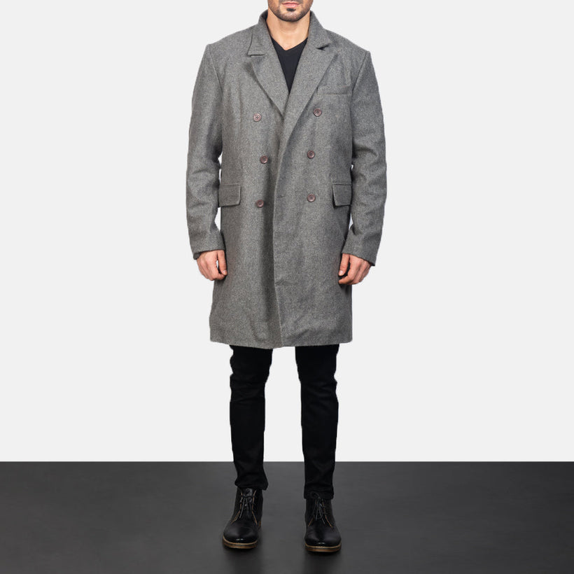 Claud Grey Wool Double-Breasted Casaco em Couropara Homem