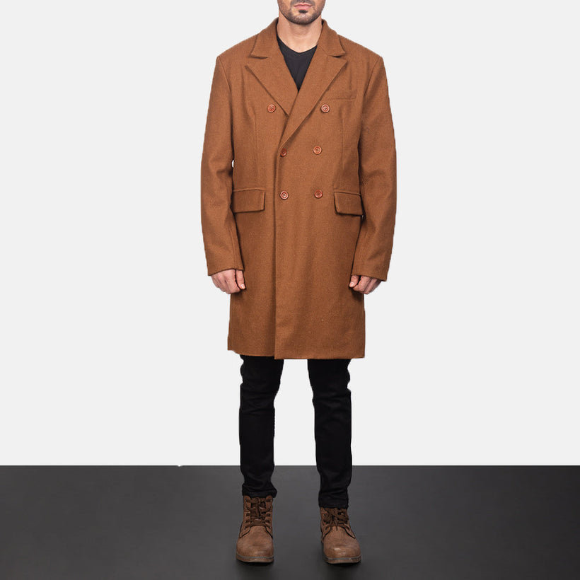 Claud Khaki Wool Double-Breasted Casaco em Couropara Homem