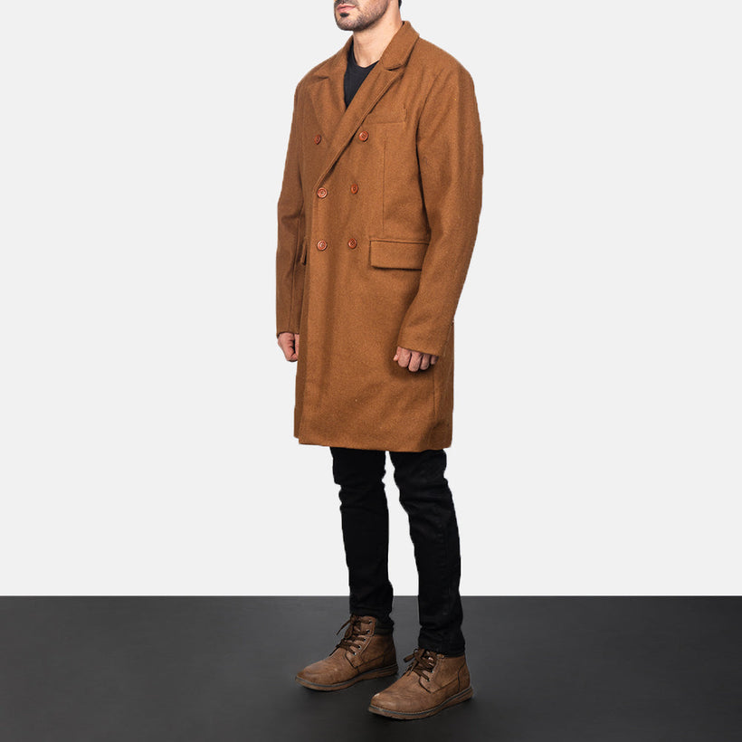 Claud Khaki Wool Double-Breasted Casaco em Couropara Homem