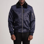 Clyde B-15 Azul Blusão Bomber de Couro para Homem in Blue Satin - Front Profile View &amp; Tailored Silhouette | Buy Online