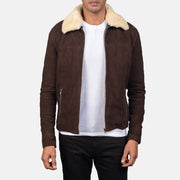 Men's Coffner Castanho Shearling Fur Blusão de Couro para Homem in Distressed Brown Goatskin Suede - Front Profile View &amp; Tailored Silhouette | Buy Online