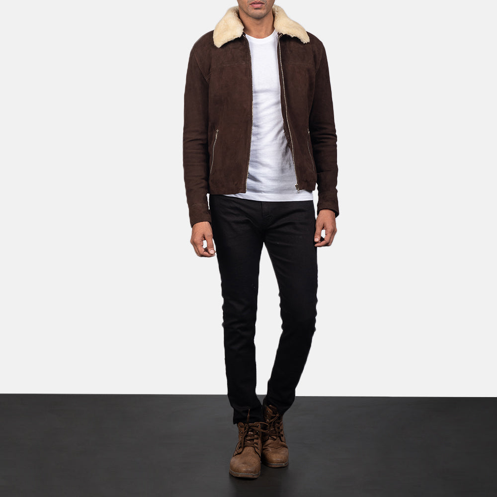 Men's Coffner Castanho Shearling Fur Blusão de Couro para Homem - Lateral Side Profile View Showing Sleeve Cut &amp; Athletic Taper Fit