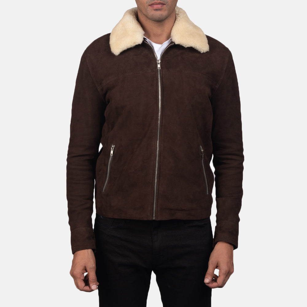 Close-Up Detail of Shirt with Removable Fur Collar &amp; Zipper Hardware on Men's Coffner Castanho Shearling Fur Blusão de Couro para Homem
