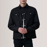 Colberto Preto Waxed Canvas Trucker Blusão de Couro para Homem For Men in Black Waxed Cotton Canvas - Front Profile View &amp; Tailored Silhouette | Buy Online