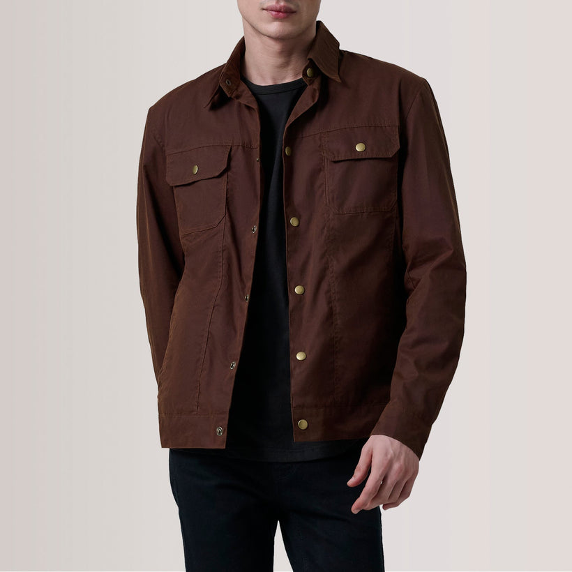 Colberto Castanho Waxed Canvas Trucker Blusão de Couro para Homem