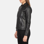 Women Colette Preto Blusão de Couro para Mulher - Lateral Side Profile View Showing Sleeve Cut &amp; Athletic Taper Fit