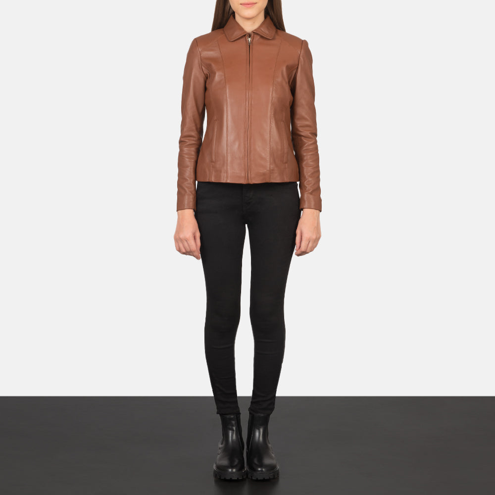 Women Colette Castanho Blusão de Couro para Mulher - Lateral Side Profile View Showing Sleeve Cut &amp; Athletic Taper Fit