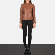 Women Colette Castanho Blusão de Couro para Mulher - Lateral Side Profile View Showing Sleeve Cut &amp; Athletic Taper Fit