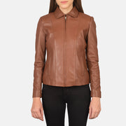 Close-Up Detail of Shirt &amp; Zipper Hardware on Women Colette Castanho Blusão de Couro para Mulher