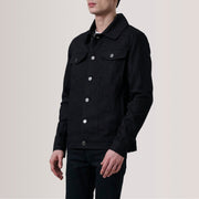 
Conard Preto Denim Trucker Jaqueta de Couro para Homem For Men - Vista lateral mostrando o corte ergonómico de mangas