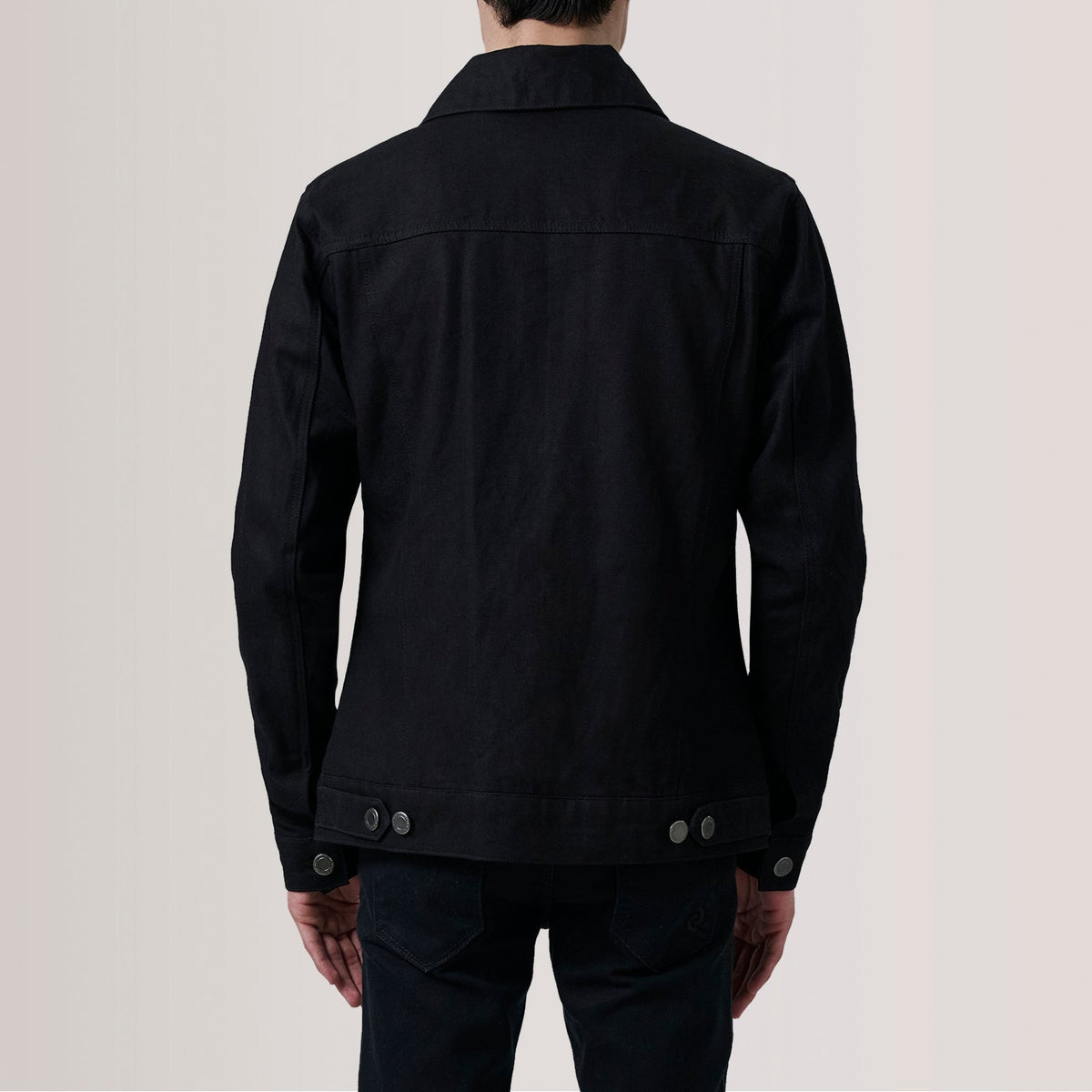 
Vista detalhada of Classic Collar & Heavy-Duty Zipper Hardware on Conard Preto Denim Trucker Jaqueta de Couro para Homem For Men