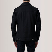 
Vista detalhada of Classic Collar & Heavy-Duty Zipper Hardware on Conard Preto Denim Trucker Jaqueta de Couro para Homem For Men