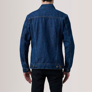 
Vista detalhada of Classic Collar & Heavy-Duty Zipper Hardware on Conard Dark Azul Denim Trucker Jaqueta de Couro para Homem For Men