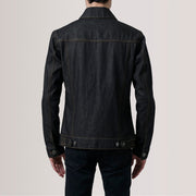 
Vista detalhada of Classic Collar & Heavy-Duty Zipper Hardware on Conard Faded Preto Denim Trucker Jaqueta de Couro para Homem For Men