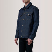 Conard Ash Grey Denim Trucker Jacket For Men - Lateral Side Profile View Showing Sleeve Cut &amp; Athletic Taper Fit