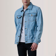 Conard Light Azul Denim Trucker Blusão de Couro para Homem For Men in Light Blue Full-Grain Leather - Front Profile View &amp; Tailored Silhouette | Buy Online