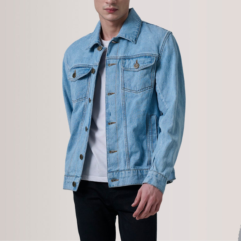 Conard Light Azul Denim Trucker Blusão de Couro para Homem