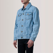 Conard Light Azul Denim Trucker Blusão de Couro para Homem For Men - Lateral Side Profile View Showing Sleeve Cut &amp; Athletic Taper Fit