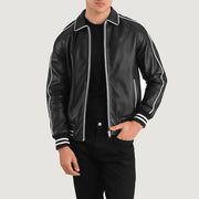 Cooper Preto Leather Varsity Blusão de Couro para Homem in Black Sheepskin Leather - Front Profile View &amp; Tailored Silhouette | Buy Online