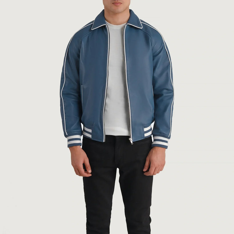 Cooper Azul Leather Varsity Blusão de Couro para Homem